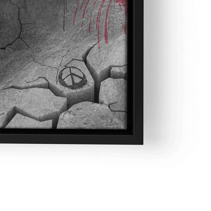 Detail eines Wandbilds mit zerbrochenem Stein, Peace-Zeichen und abstrakten roten Linien