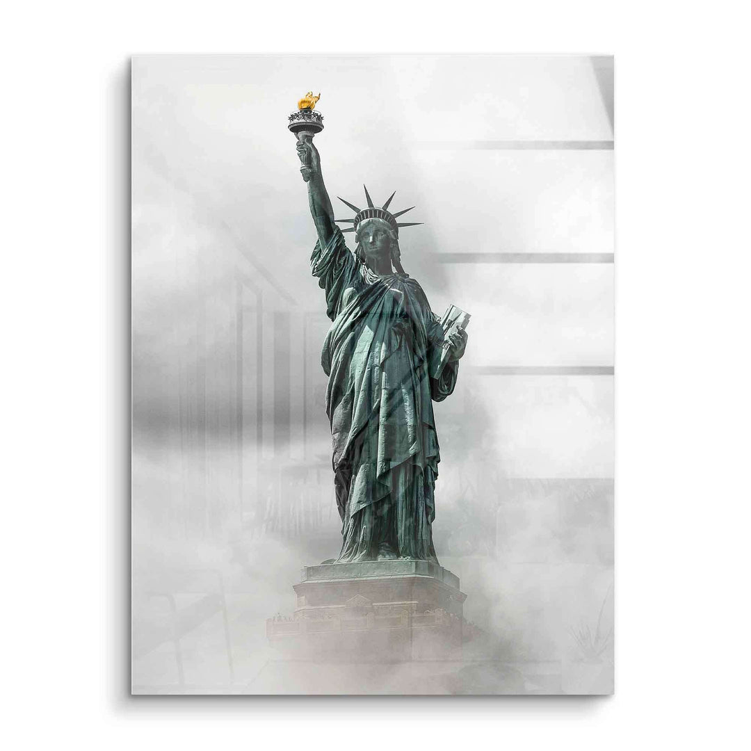 Wandbild Freiheitsstatue in Wolken, modernes Acrylglas Kunstwerk, Statue of Liberty Kunst