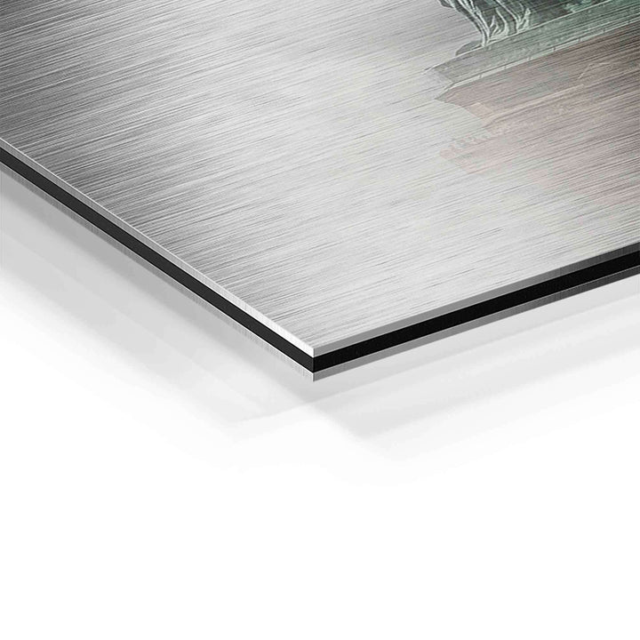 Detailansicht Wandbild Aluminium gebürstet mit Freiheitsstatue Motiv in Wolken