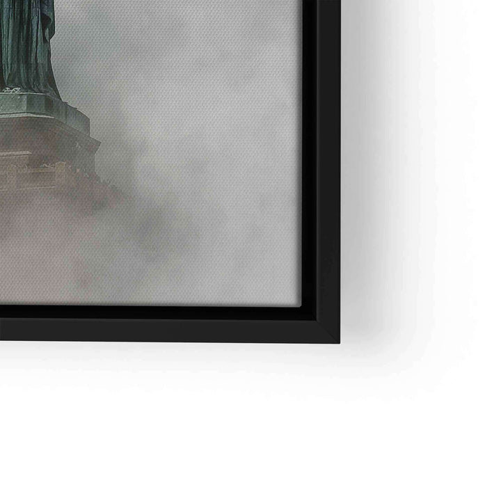 Wandbild mit Freiheitsstatue im Nebel, moderne Kunst, schwarz gerahmt