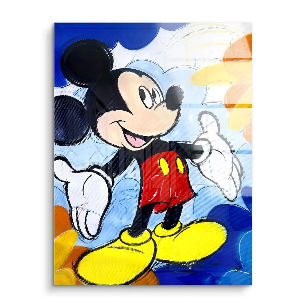 Buntes Wandbild mit Comic-Maus, Wolken und Sonne, moderne Acryl Kunst für Wohnzimmer