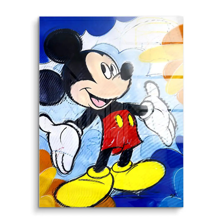 Buntes Wandbild mit Comic-Maus, Wolken und Sonne, moderne Acryl Kunst für Wohnzimmer