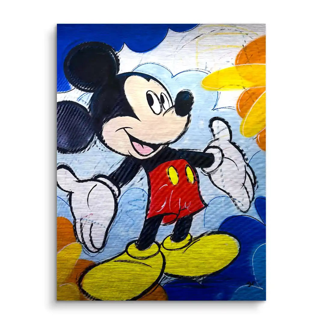 Buntes Wandbild im Comic-Stil mit fröhlicher Cartoon-Maus, roten Shorts und gelben Schuhen