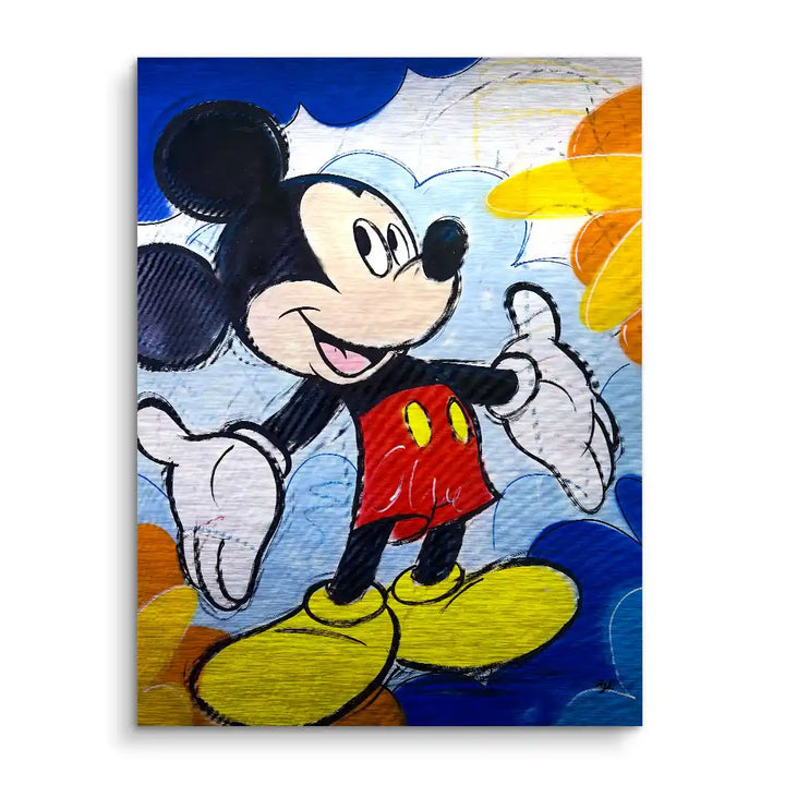 Buntes Wandbild im Comic-Stil mit fröhlicher Cartoon-Maus, roten Shorts und gelben Schuhen