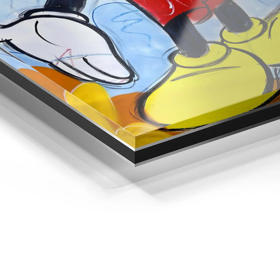 Detailansicht Acrylglas-Wandbild mit Comic-Motiv, bunte Illustration, Nahaufnahme Ecke