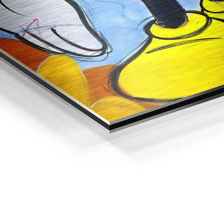 Detailaufnahme Wandbild mit gelben Schuhen, buntem Motiv auf Aluminium, moderne Kunst