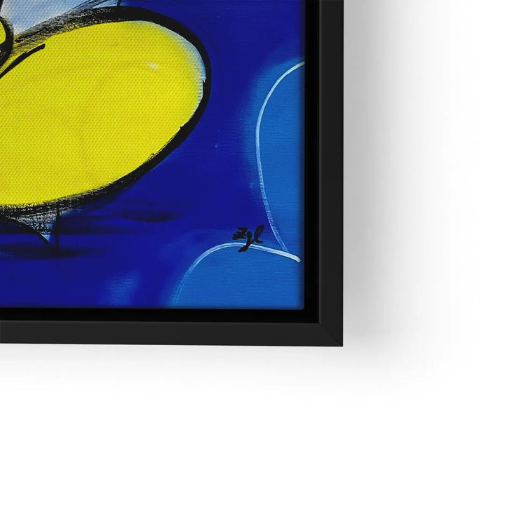 Modernes Wandbild mit gelbem Herz auf blauem Hintergrund, gerahmt, Kunst kaufen
