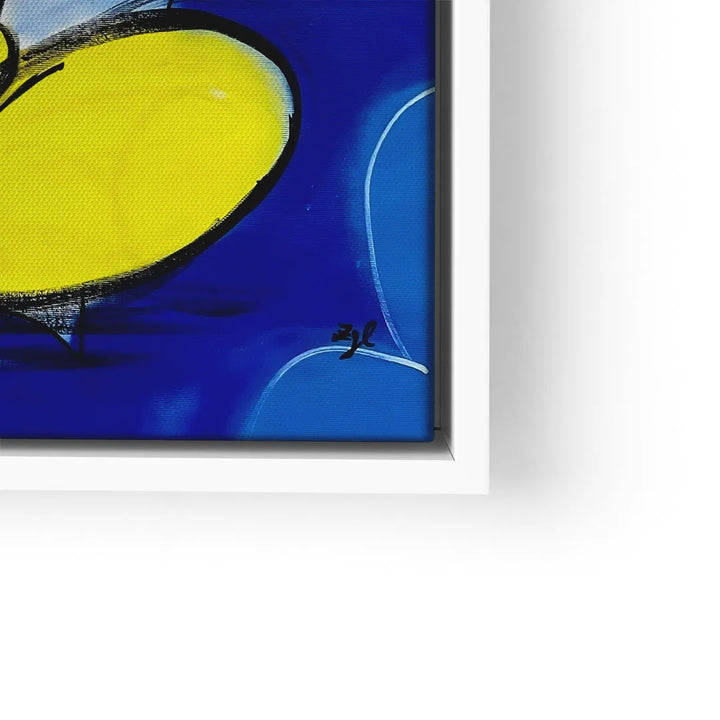 Modernes Wandbild mit gelbem Herz auf blauem Hintergrund, Motivationskunst in weißem Rahmen