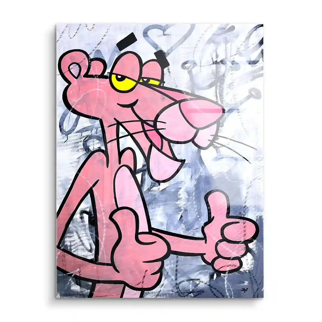 Wandbild mit pinker Cartoon-Figur, Daumen hoch, vor abstraktem Hintergrund, Pop Art Kunst