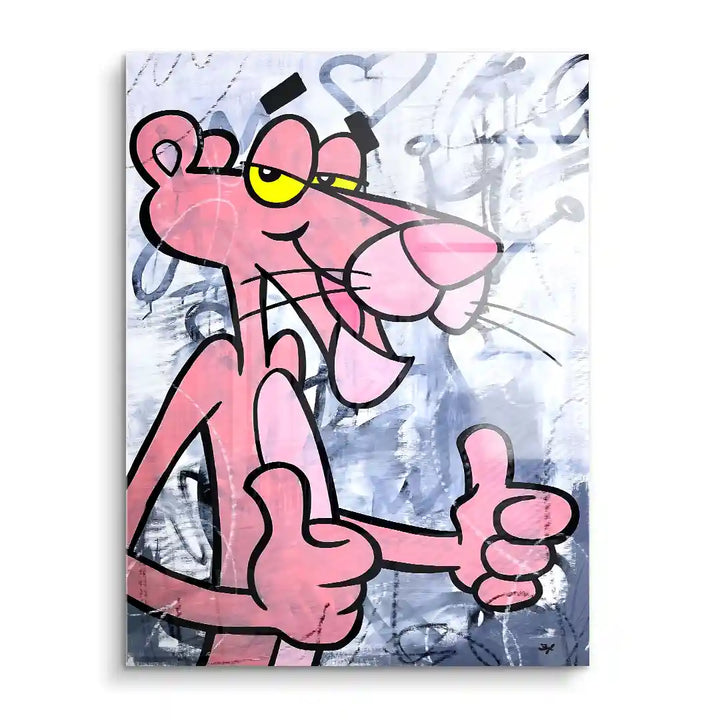 Wandbild mit pinker Cartoon-Figur, Daumen hoch, vor abstraktem Hintergrund, Pop Art Kunst