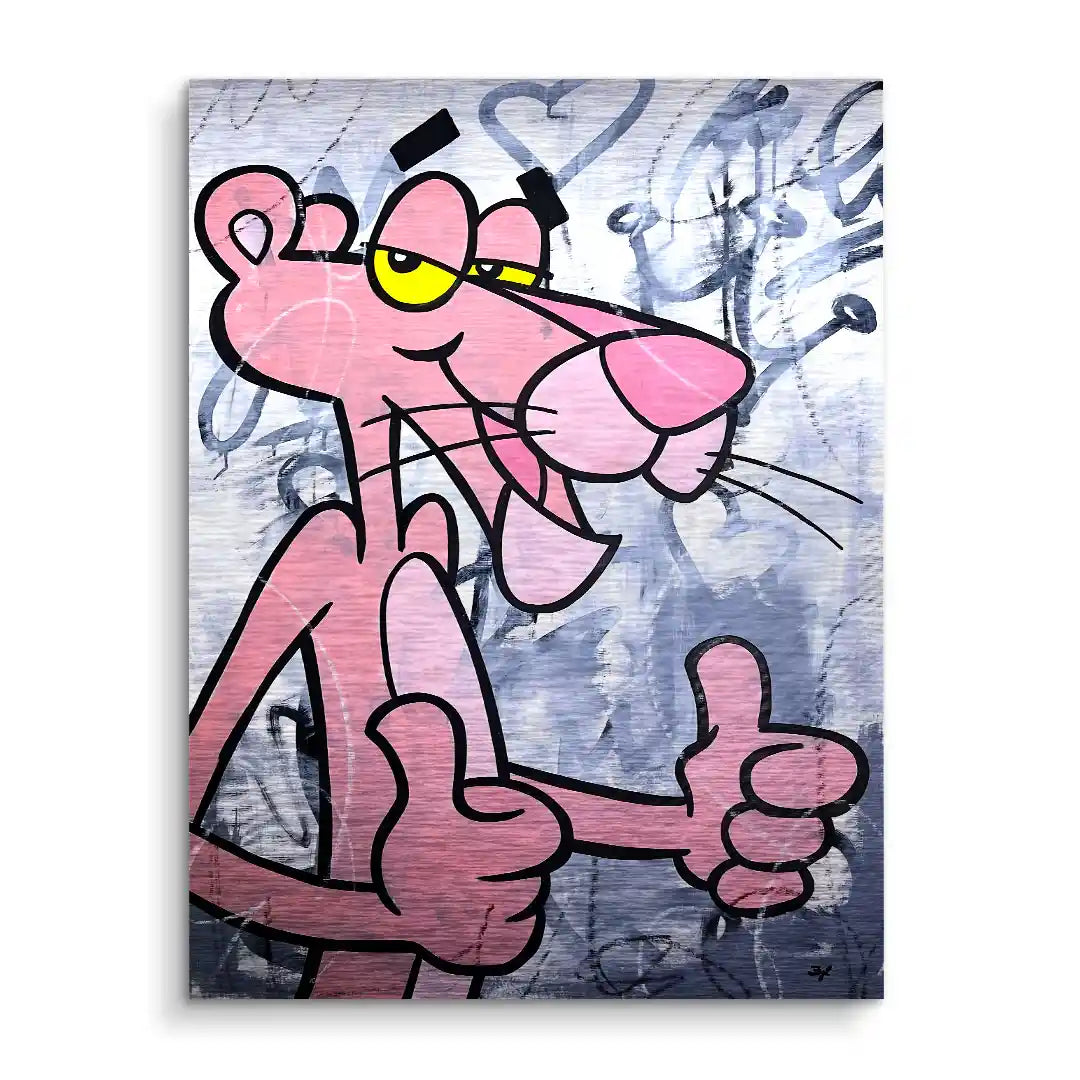 Modernes Wandbild mit pinkem Cartoon-Panther, Daumen hoch, vor grauer Graffiti-Kulisse.