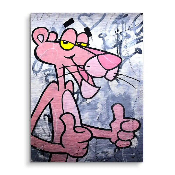 Modernes Wandbild mit pinkem Cartoon-Panther, Daumen hoch, vor grauer Graffiti-Kulisse.