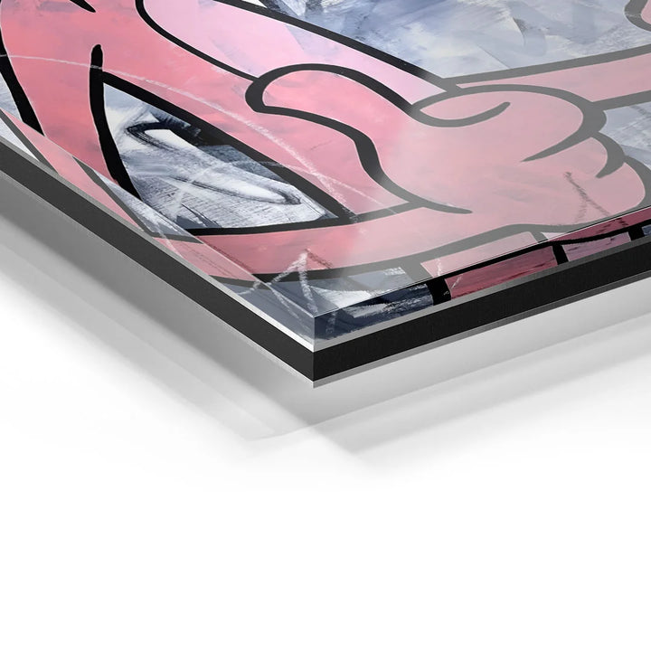 Detailansicht Acrylglas-Wandbild mit pinker, abstrahierter Hand auf grauem Hintergrund