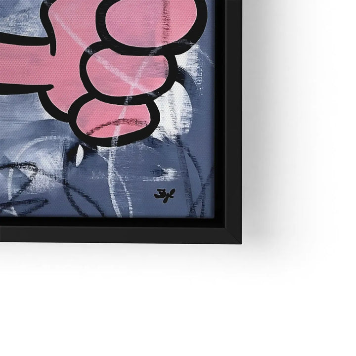 Modernes Wandbild mit pinkem Daumen hoch auf abstraktem, dunkelblauem Hintergrund