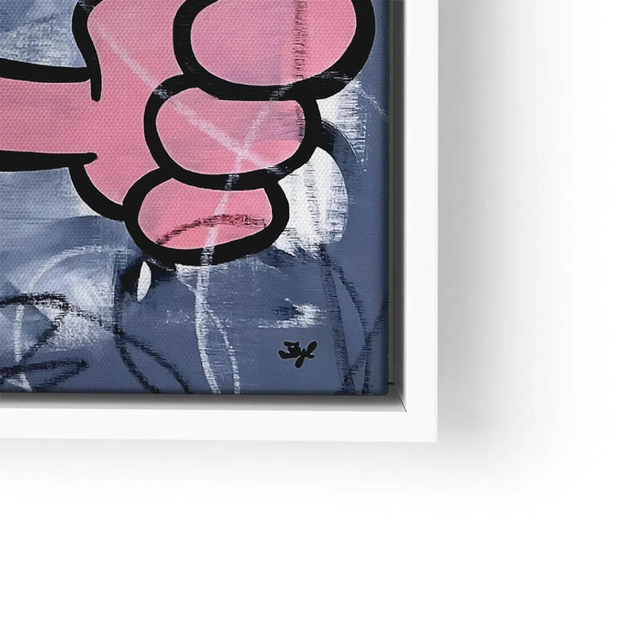 Modernes Wandbild mit abstrakter, pinker Zeichnung einer Hand auf blauem Hintergrund