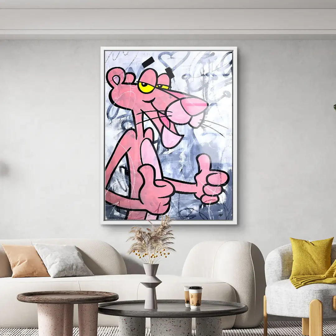 Modernes Wandbild mit rosa Comicfigur und Daumen hoch in stilvollem Wohnzimmer, Pop Art Deko