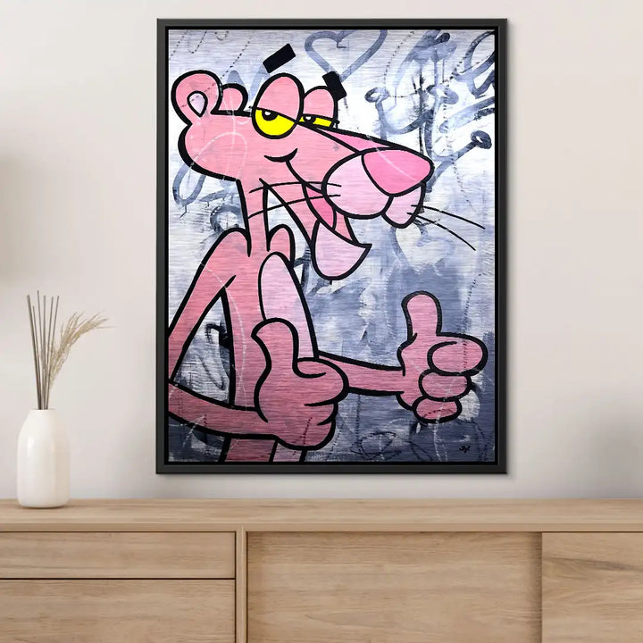 Modernes Wandbild mit pinkem Comic-Panther und Graffiti-Hintergrund als Wohnzimmer-Deko