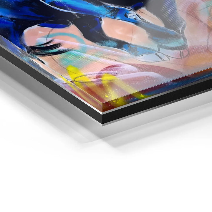 Detail eines modernen Stier-Wandbilds auf Acrylglas mit bunten Farben