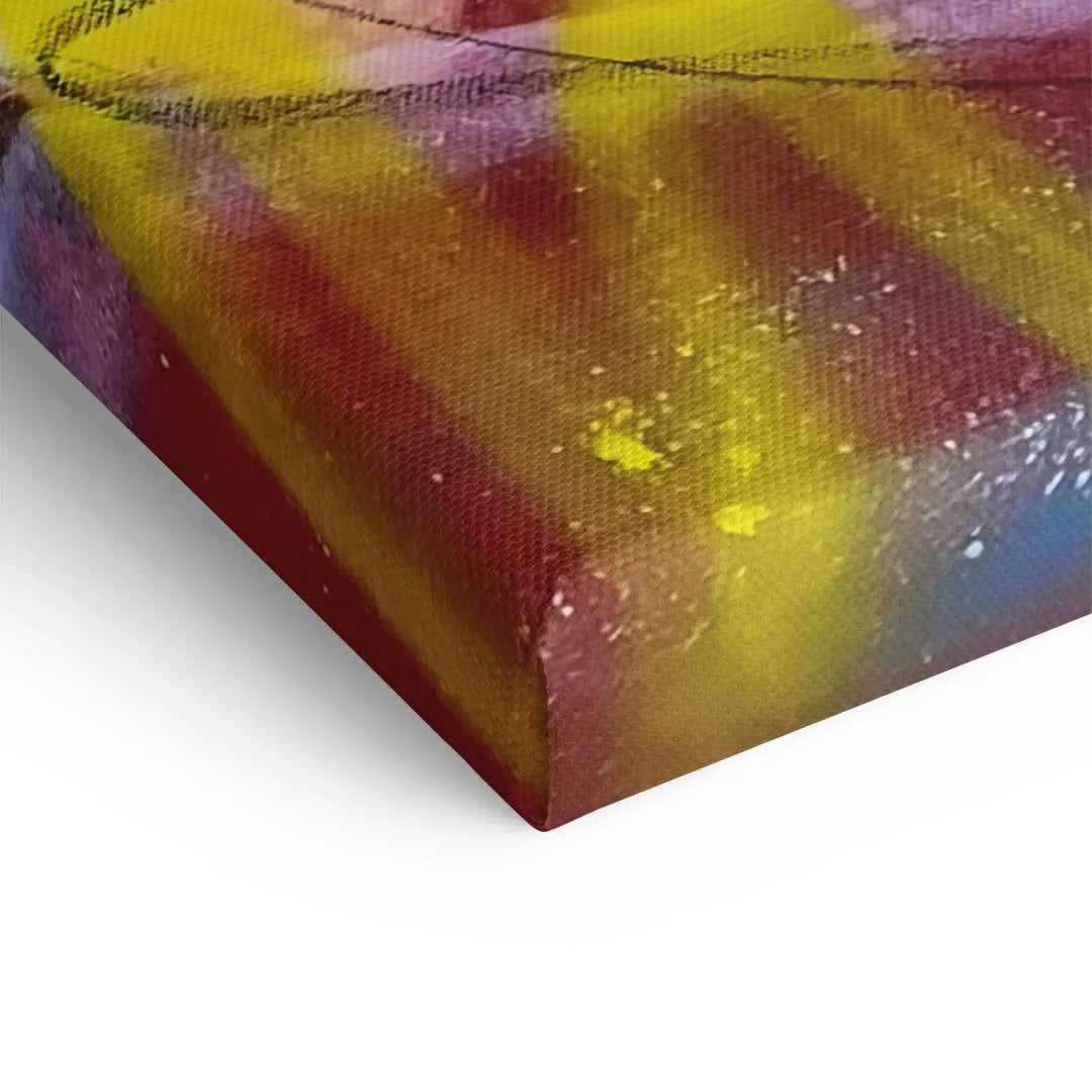 Detailansicht von abstraktem Stier-Wandbild auf Leinwand mit bunten Farben