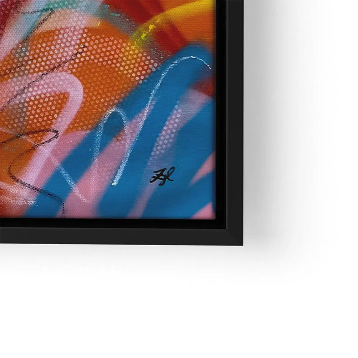 Modernes Wandbild mit buntem abstraktem Stier-Motiv, Leinwand, schwarze Rahmenkante