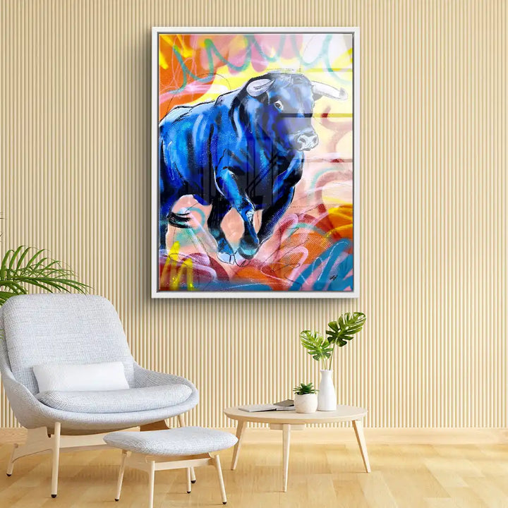 Modernes Wandbild mit blauem Stier in bunten Farben, Wohnzimmer Dekoration, Kunst kaufen