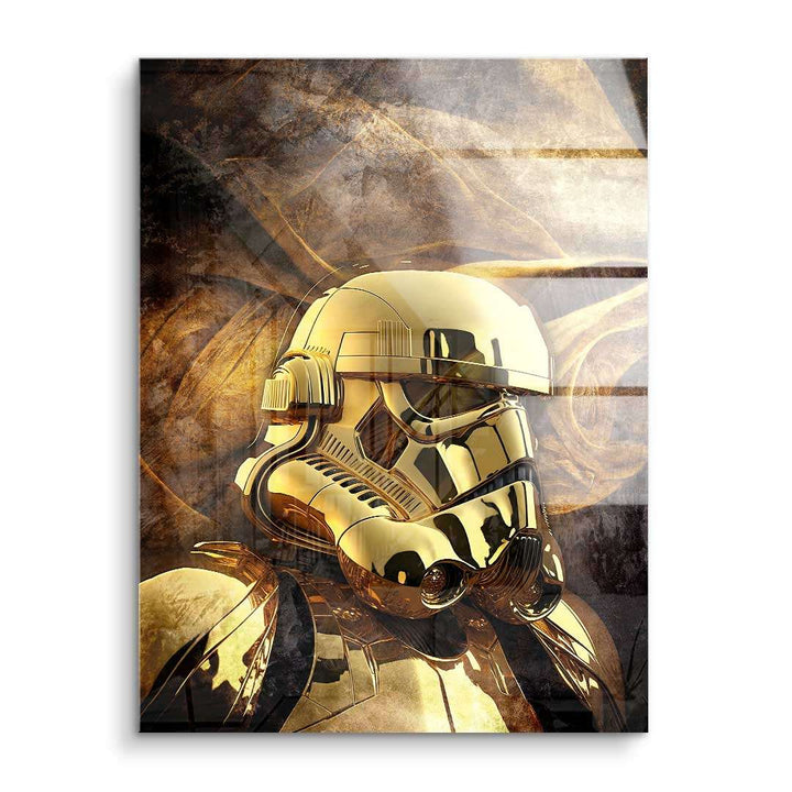 Goldener Stormtrooper-Helm als Kunstmotiv auf braun-goldenem Hintergrund, Wandbild modern