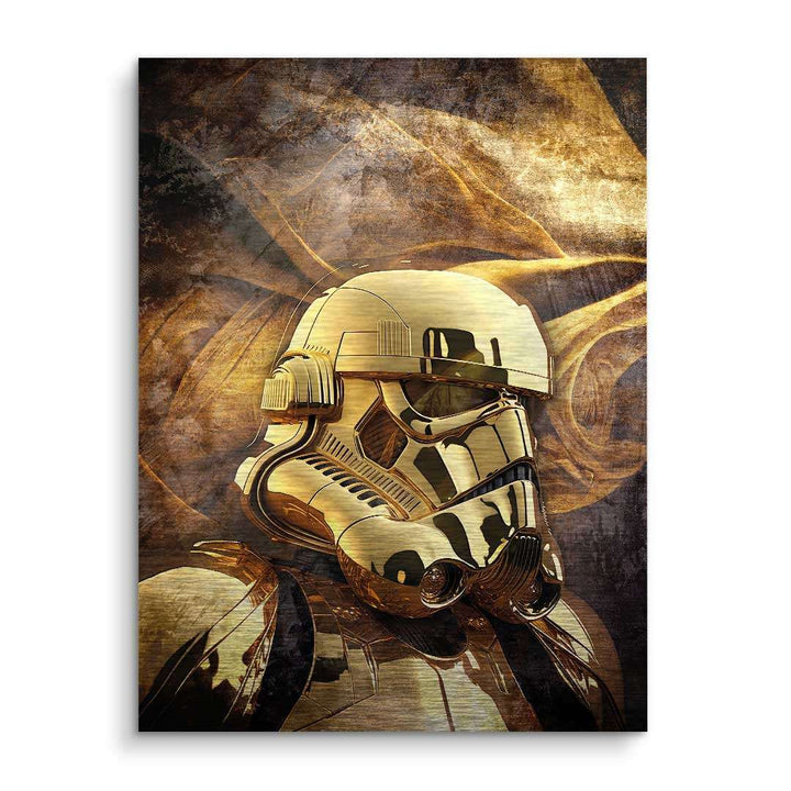 Goldener Stormtrooper Helm als Wandbild auf abstraktem Hintergrund, modernes Pop Art Kunstwerk