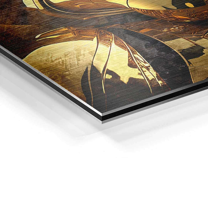 Detailaufnahme Wandbild auf Aluminium mit goldfarbenem Stormtrooper-Motiv, gebürstete Oberfläche