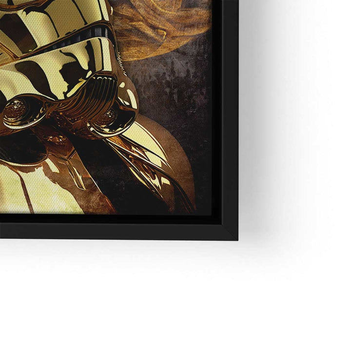 Modernes Wandbild mit goldenem Stormtrooper Helm im schwarzen Bilderrahmen, Pop Art Stil