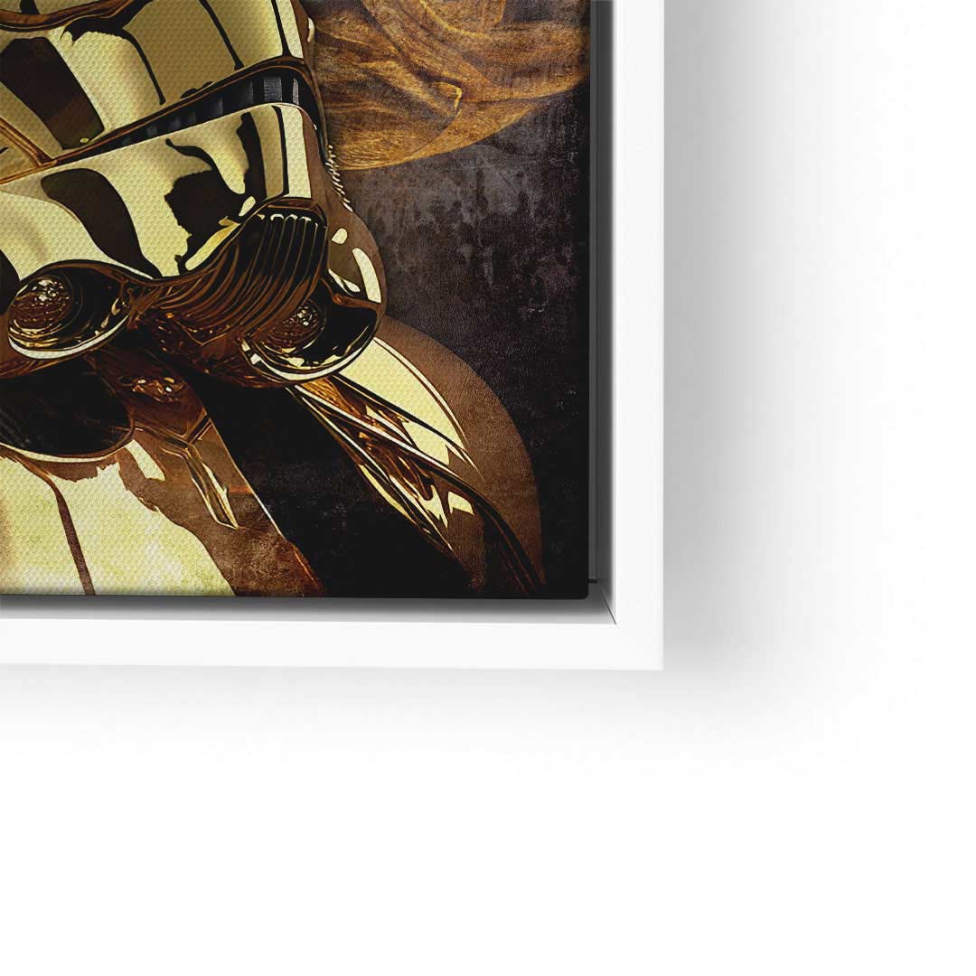 Stormtrooper Wandbild in Gold-Optik, moderne Pop Art Kunst, detailreich im schwarzen Rahmen