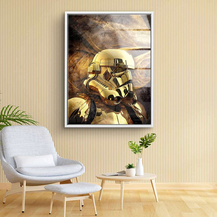 Goldener Stormtrooper Helm als Wandbild, moderne Kunst im Wohnzimmer, Pop Art Stil