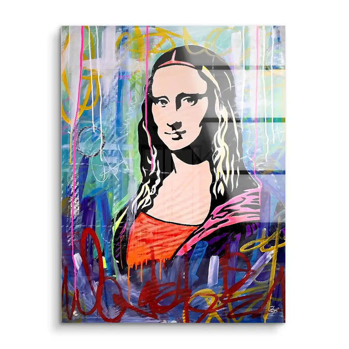Modernes Street Art Wandbild einer Frau auf Acryl mit buntem Graffiti-Hintergrund