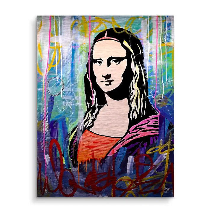 Modernes Wandbild mit Mona Lisa im Street Art Stil auf farbigem Hintergrund