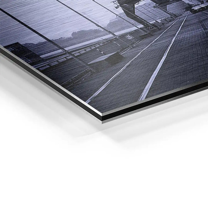 Detailaufnahme von Wandbild auf Aluminium mit Street-Art-Motiv in Schwarz-Weiß-Optik