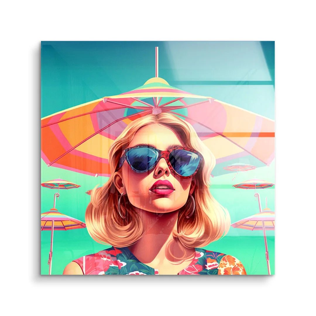 Modernes Wandbild einer Frau mit Sonnenbrille vor bunten Sonnenschirmen, Sommerkunst
