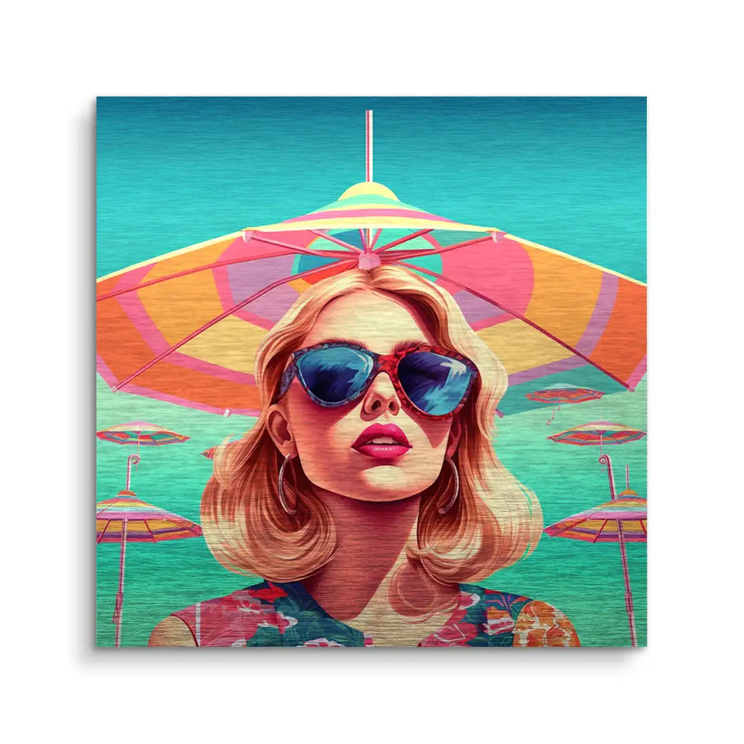 Pop Art Wandbild mit Frau in Sonnenbrille vor buntem Sonnenschirm am Strand, Summer Fun