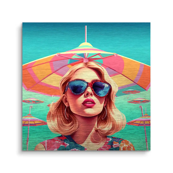 Pop Art Wandbild mit Frau in Sonnenbrille vor buntem Sonnenschirm am Strand, Summer Fun