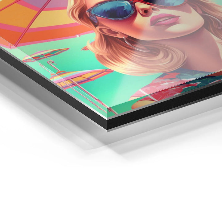 Detailansicht Acrylglasbild mit Pop Art Frau, Sonnenbrille und bunten Sonnenschirmen