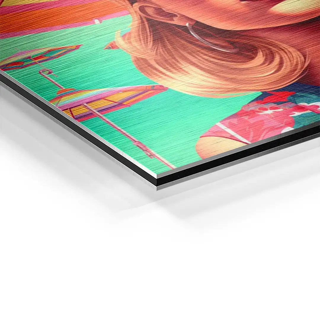 Detailansicht Wandbild Summer Fun mit farbenfroher Pop Art Frau und Sonnenschirm auf Aluminium