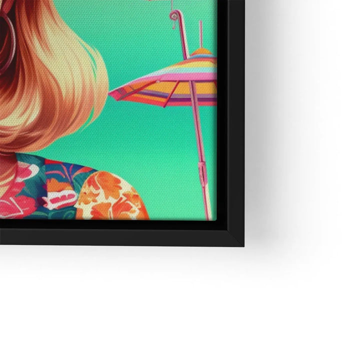 Farbintensives Wandbild mit Frau im Sommerlook und buntem Sonnenschirm, Pop Art Stil