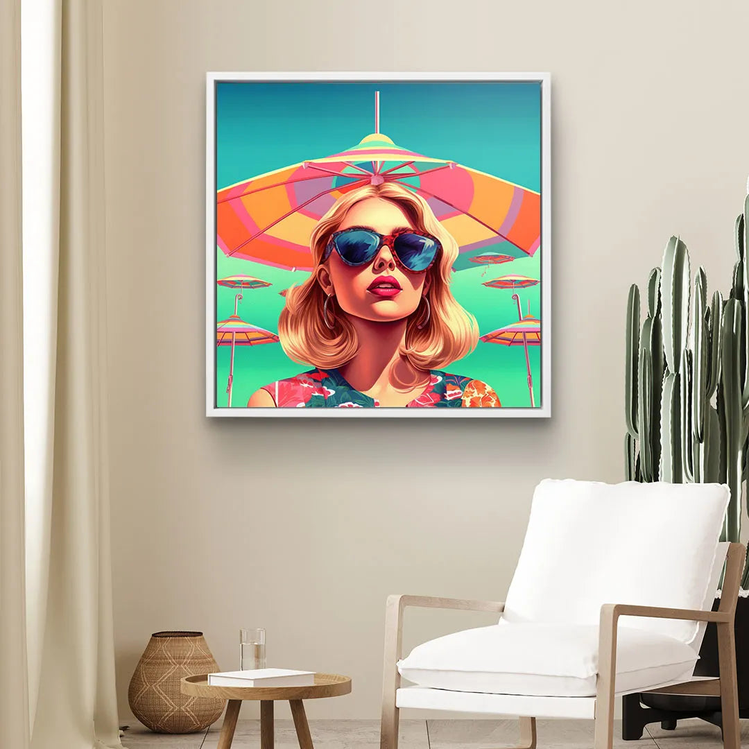Modernes Wandbild mit Frau in Sonnenbrille und bunten Sonnenschirmen, Sommer Strand Kunst