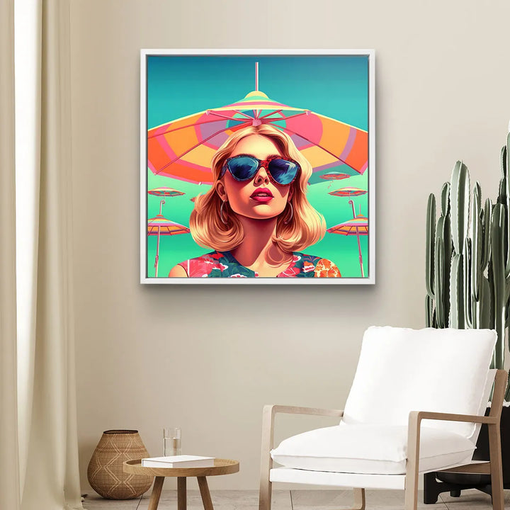 Modernes Wandbild mit Frau in Sonnenbrille und bunten Sonnenschirmen, Sommer Strand Kunst