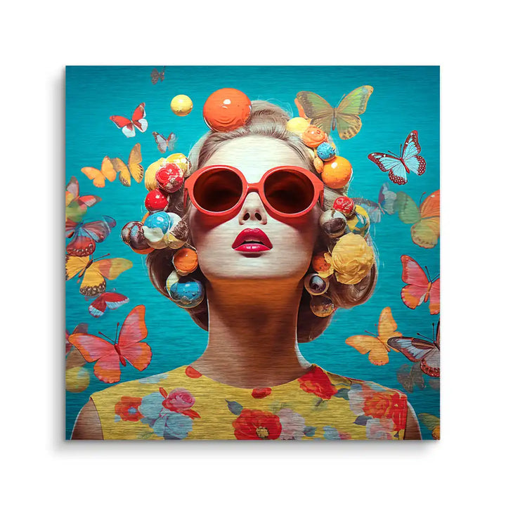 Modernes Wandbild Frau mit Sonnenbrille, bunten Schmetterlingen und sommerlichen Farben
