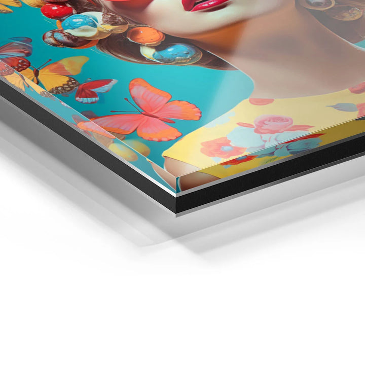 Detailaufnahme Acrylglas-Wandbild Sommermotiv mit Frau, Schmetterlingen und Blumen