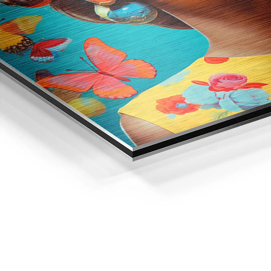 Detail eines bunten Wandbilds mit Schmetterlingen und Blumen auf Aluminiumplatte