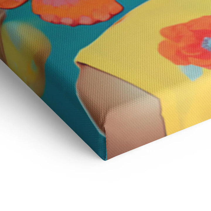 Detailansicht Leinwandbild mit buntem Sommermotiv, florale Kunst, Nahaufnahme Ecke