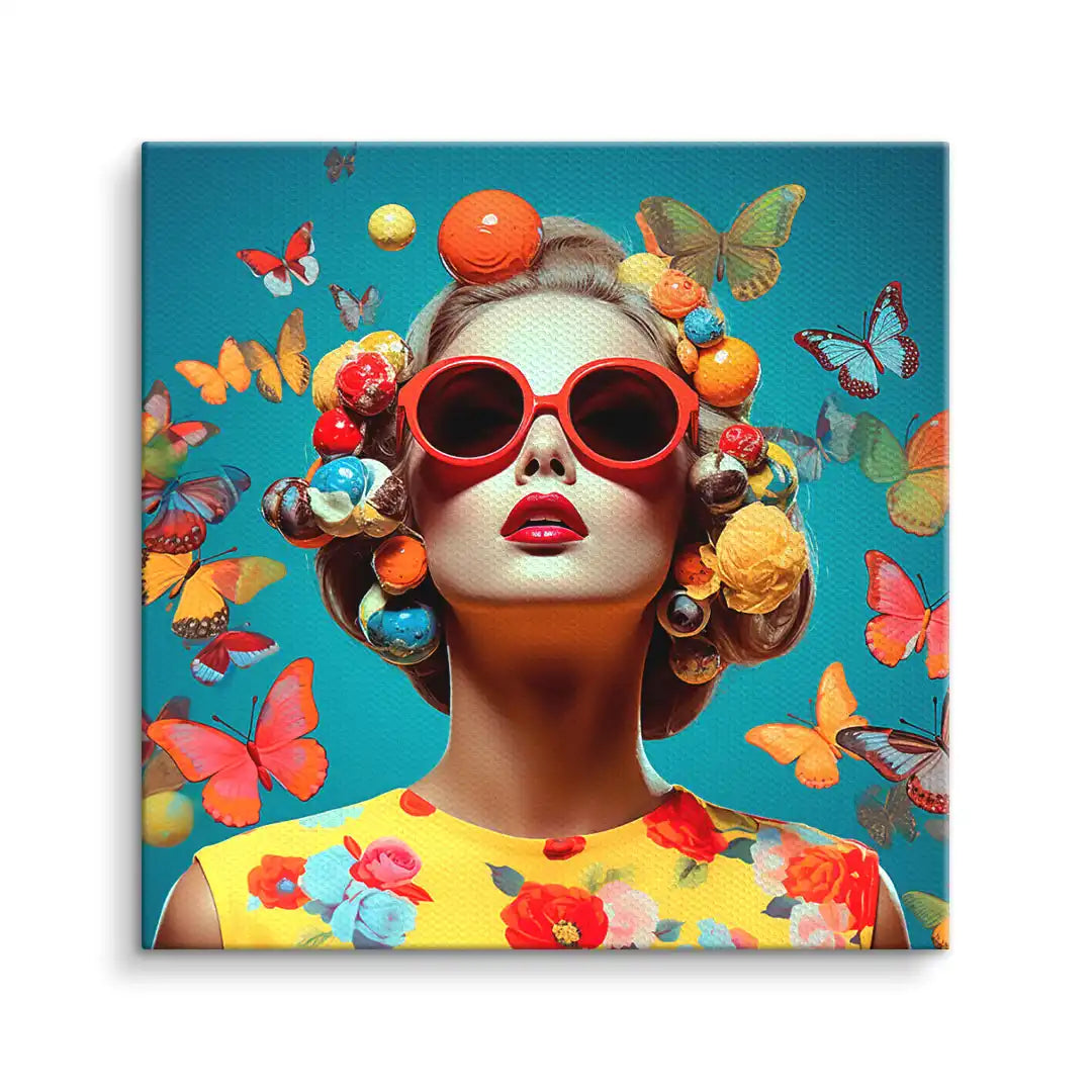 Frau mit Sonnenbrille, bunten Blumen im Haar und Schmetterlingen, sommerliches Wandbild