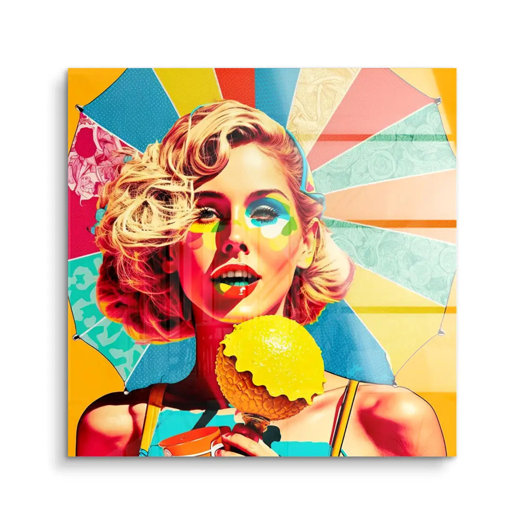 Pop Art Wandbild mit bunter Frau, Sonnenschirm und Eis, modernes Acrylbild