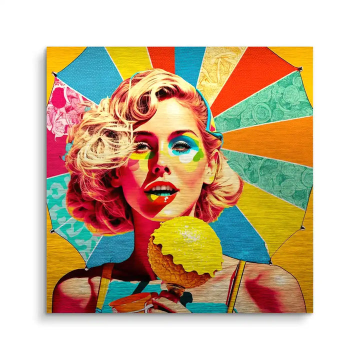 Pop Art Wandbild mit Frau, buntem Sonnenschirm und Eis, moderne farbenfrohe Kunst