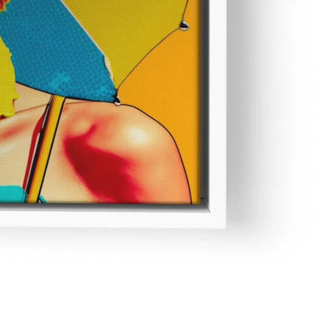 Pop Art Wandbild, Frau mit Sonnenbrille und Sonnenschirm vor gelbem Hintergrund